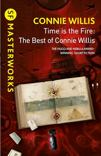 Book cover: “Time is the Fire” by Connie Willis, with gears and a clock.