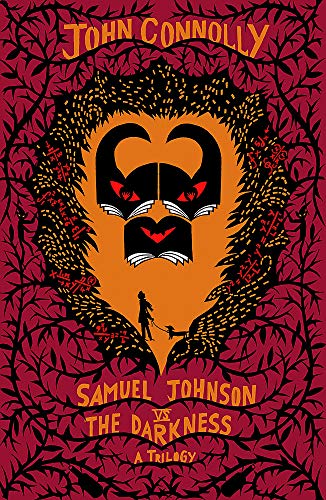 Book cover with a red thorny border, a central monster face, and a small figure.