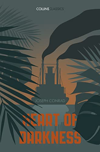 Book cover for "Heart of Darkness" with a steamboat in a jungle scene.