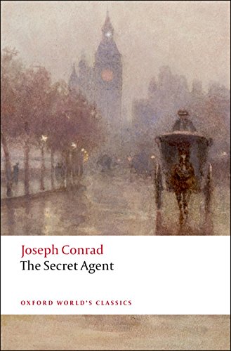 Book cover: “The Secret Agent” by Joseph Conrad, featuring a foggy London street.