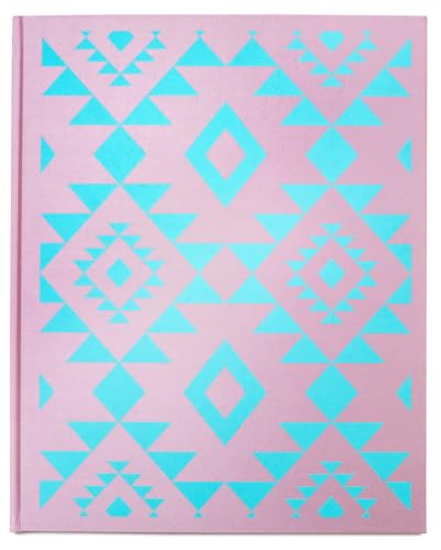 Pink book cover with repeating turquoise geometric triangle and diamond patterns.