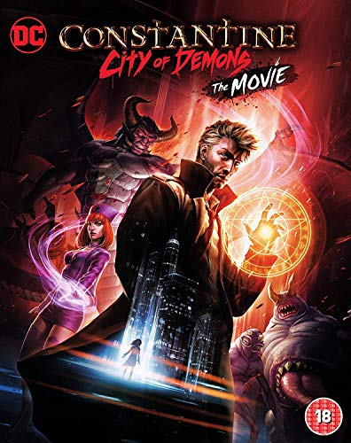 Constantine movie cover featuring a man casting a spell amid demons.