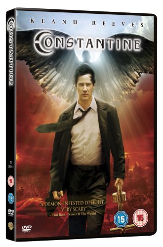 DVD cover for Constantine featuring Keanu Reeves standing before large, glowing angel wings.