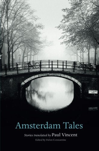 Book cover: Amsterdam canal bridge in fog, title "Amsterdam Tales".