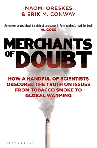 Book cover for Merchants of Doubt with a cigarette emitting smoke against white background.
