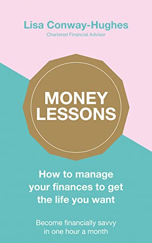Book cover for “Money Lessons” with gold starburst and teal background.