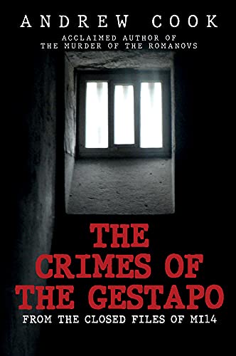Book cover: dark stone wall, barred window, red title “The Crimes of the Gestapo.”