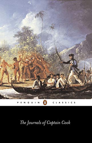Painting of Captain Cook in a boat approaching a shore with indigenous people.