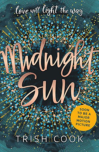 Book cover for "Midnight Sun" with swirling gold and blue design.