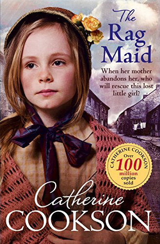 Book cover: young girl in shawl, historical town background, text “The Rag Maid”.