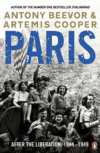 Book cover showing a black and white crowd in Paris with large blue text.