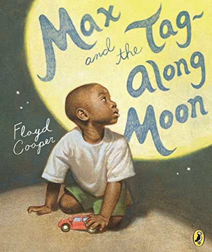Boy looking up at a large, bright yellow moon with book title.