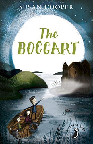 Book cover illustration showing three children in a boat under a large full moon.