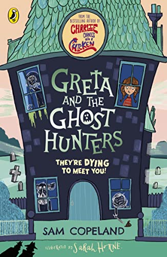 Book cover featuring a spooky house with ghosts in windows and a girl.