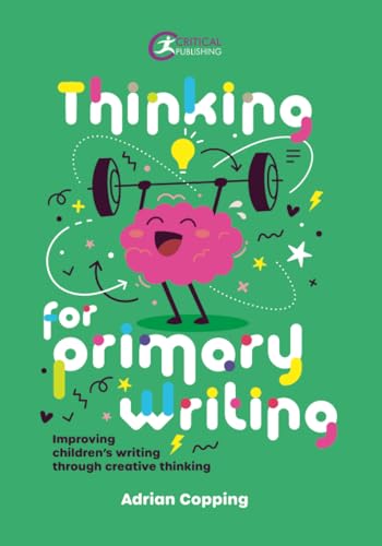 Book cover with a pink brain lifting weights, title: “Thinking for Primary Writing”.