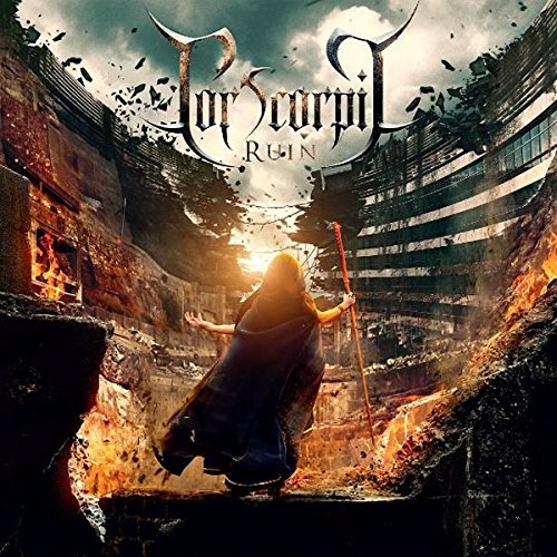 Album cover for "Ruin" by Cor Scorpii, depicting a figure in ruins.