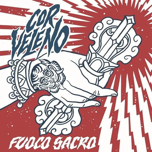 CD cover: hand holding a sword with a masked face, red and white design.
