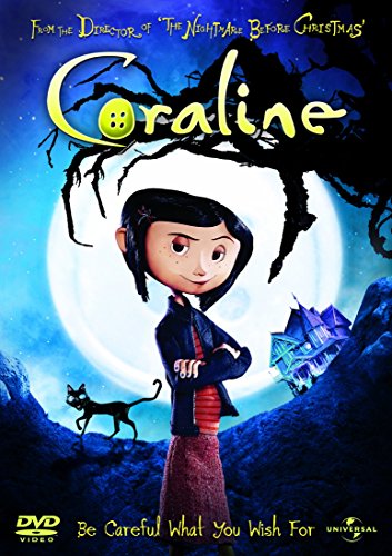 Coraline DVD cover featuring the main character and a black cat.