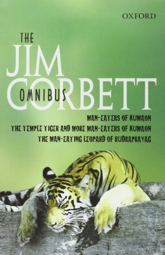 Green book cover featuring a resting tiger and title “The Jim Corbett Omnibus”.