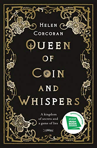 Black book cover with gold ornate frame and title “Queen of Coin and Whispers.”