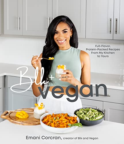 Cookbook cover featuring a woman with vegan food in a kitchen.