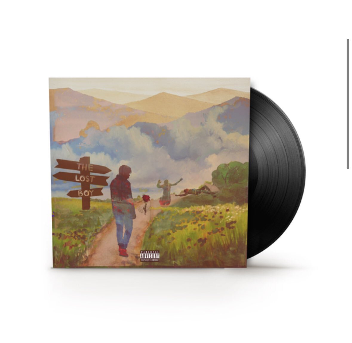 Vinyl record with painted cover of a boy walking down a path.