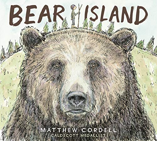 Book cover: close-up of a bear’s face with a small figure on its head.