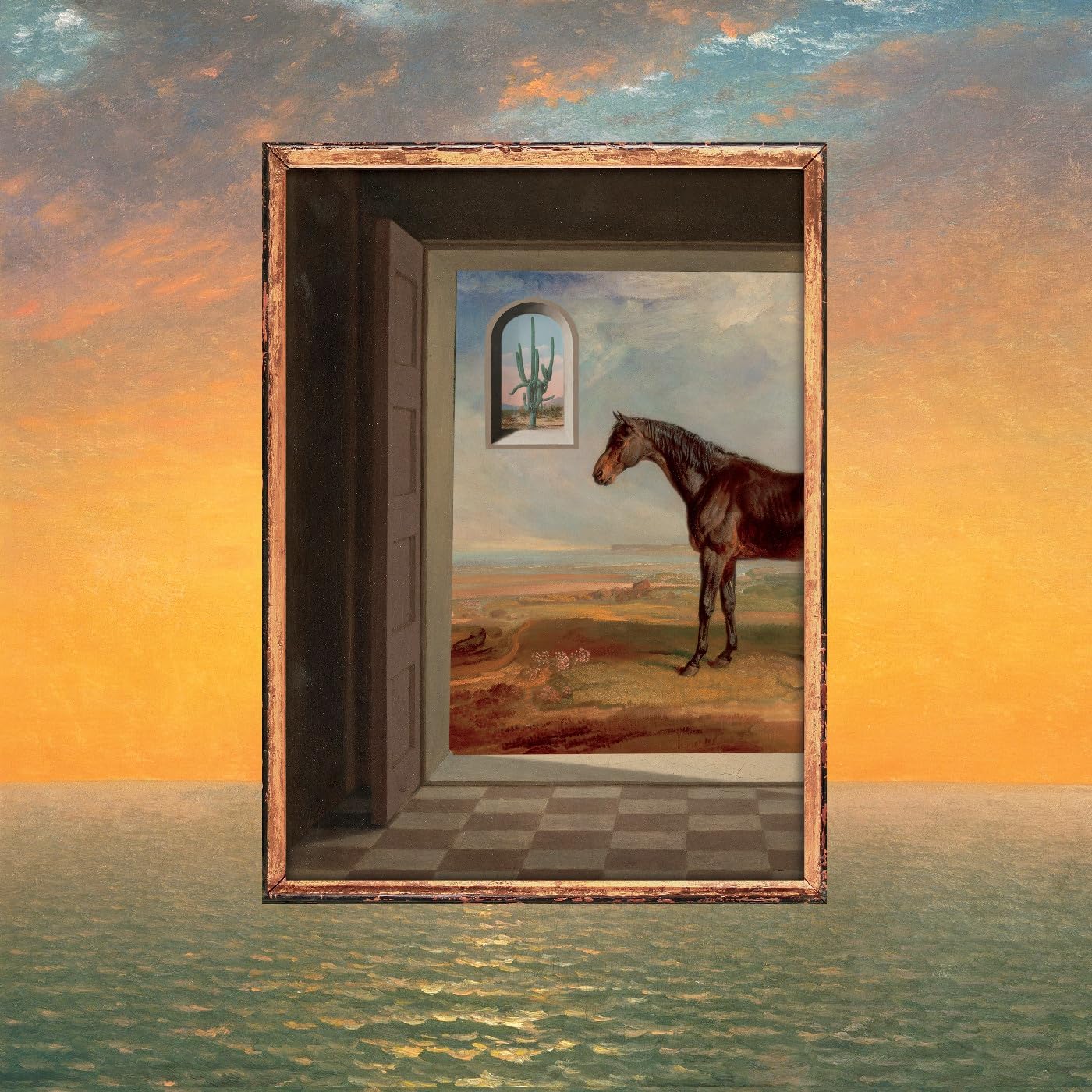Painted image of a horse standing in a desert landscape seen through a doorway.