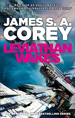 Book cover: spaceship amidst a nebula, with bold title “Leviathan Wakes”.