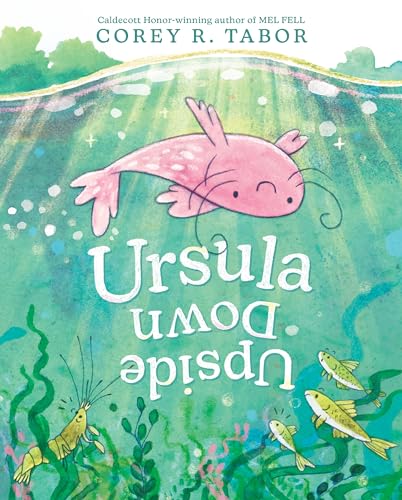 Upside-down pink fish “Ursula” swims underwater with other sea creatures.