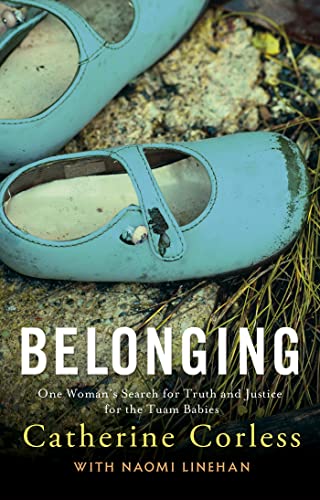 Book cover showing two worn turquoise children's shoes resting on a stone surface.