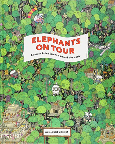 Book cover with detailed green foliage and hidden elephants.