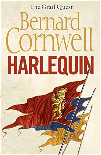 Book cover for "Harlequin" by Bernard Cornwell, with flags and spears.