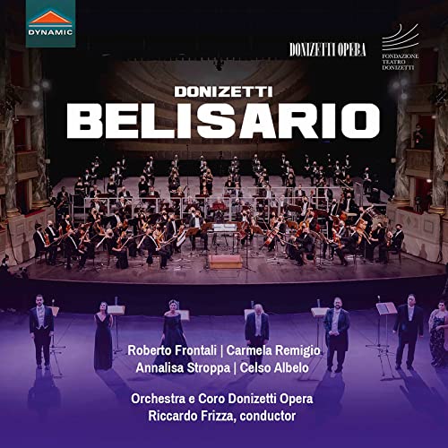 Opera singers and orchestra performing Belisario on stage at the Teatro Donizetti.