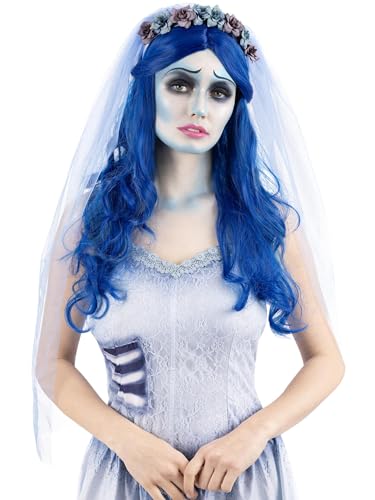 Blue wavy wig with veil, styled as a pale, undead bride.