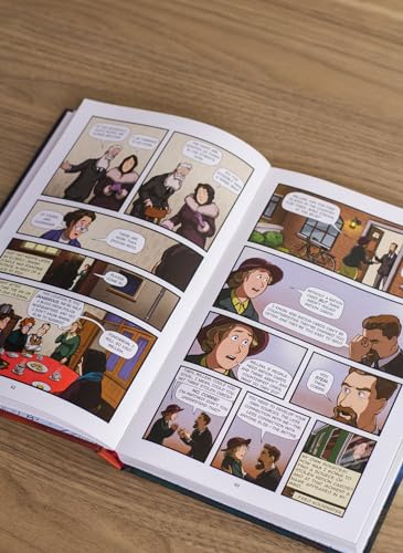 An open graphic novel showing illustrated comic panels with dialogue bubbles on white pages.
