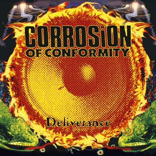 Album cover for Corrosion of Conformity’s “Deliverance” with fire and lizards.
