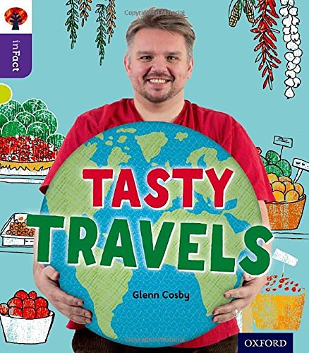 Book cover: man holding a globe with food illustrations, "Tasty Travels".