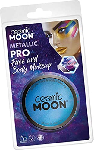 Blue metallic face paint pot in clear plastic packaging.