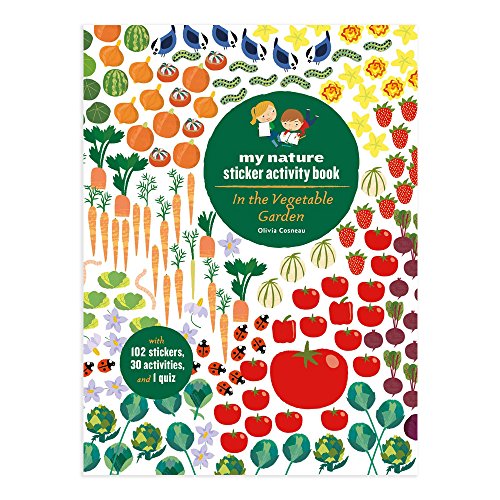 Colorful sticker activity book cover featuring illustrated vegetables and a girl.