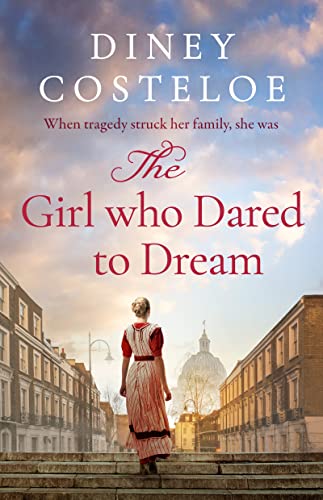 Book cover: woman in red dress standing on steps, city background.
