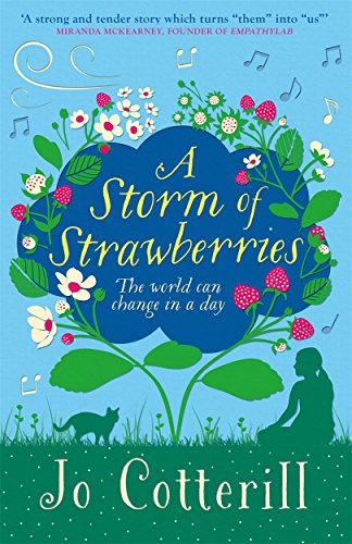 Book cover with strawberries, flowers, a cat, and a seated figure.
