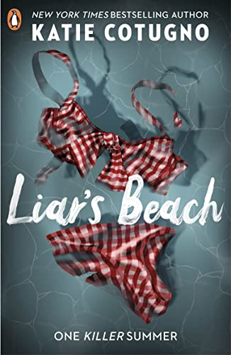 Book cover: "Liar's Beach" with a red and white bikini on sand.