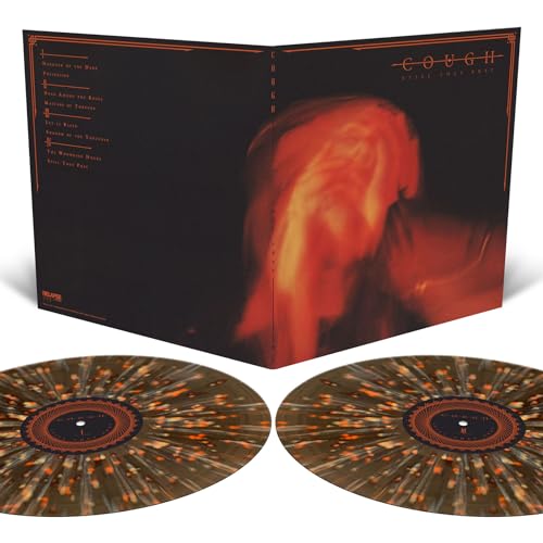 Gatefold album cover with blurred red figure and two speckled brown vinyl records.