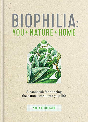 Book cover with green leaves and a house illustration, titled "Biophilia.