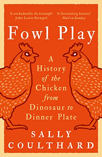 Book cover: “Fowl Play” with illustration of two facing chickens.