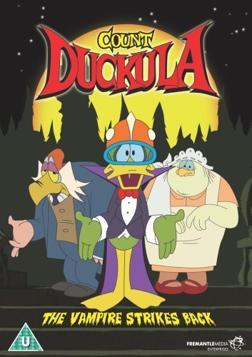 Count Duckula, Igor, and Nanny stand before a yellow moon on a DVD cover.