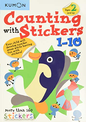 Kumon Counting With Stickers 1-10 workbook cover featuring a penguin and small cartoon characters.