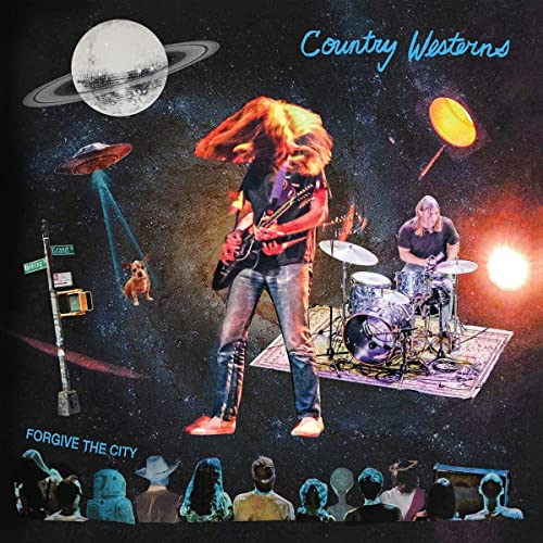 Album cover: musicians playing with planets, UFOs, and a street scene.