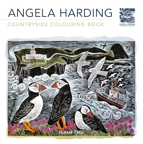Cover of Angela Harding Countryside Colouring Book featuring puffins, a lighthouse, and a boat.